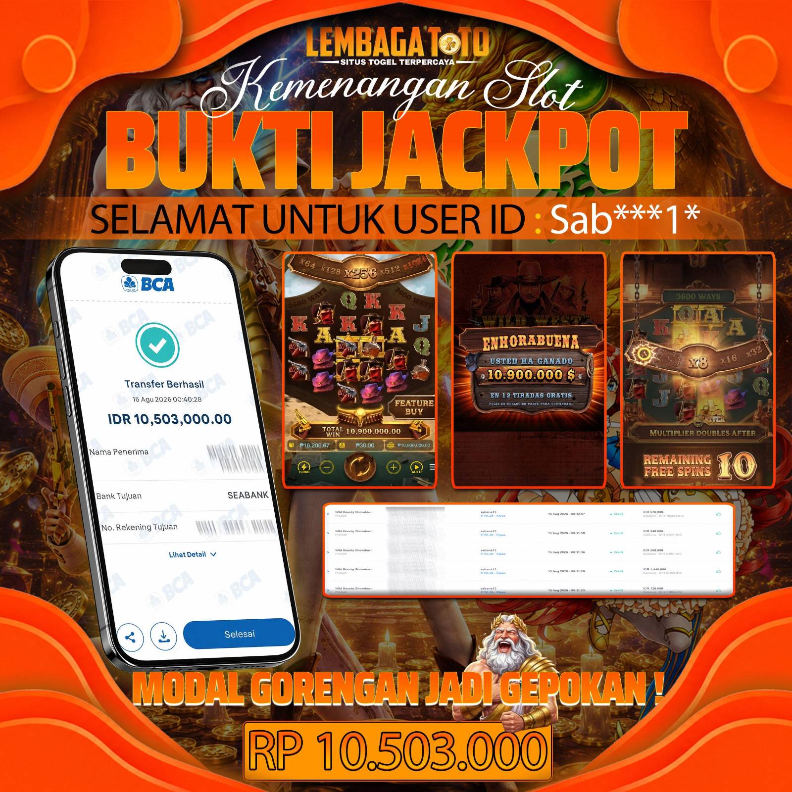 BUKTI JACKPOT 15 AUGUSTUS LEMBAGATOTO WILD BOUNTY SHOWDOWN  10,503,000- LUNAS