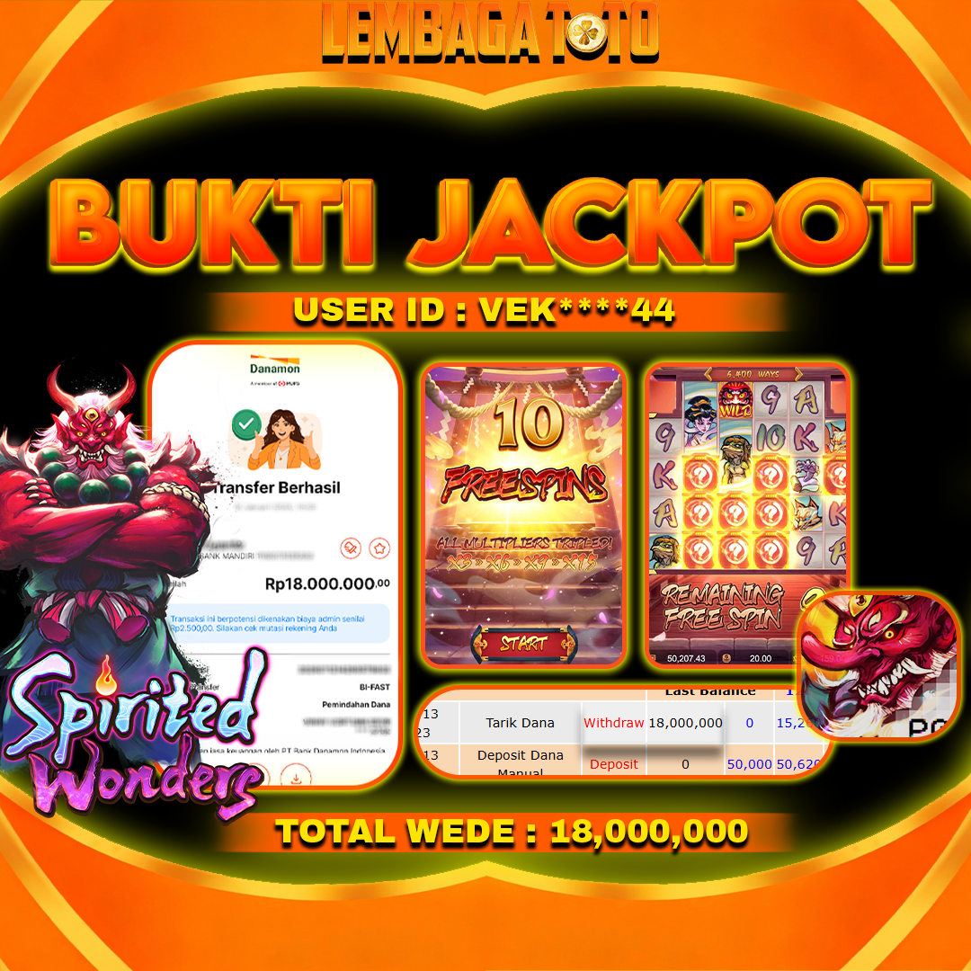 BUKTI JACKPOT 11  FERBUARY LEMBAGATOTO SPIRITED WONDERS  Rp 18,000,000 ,- LUNAS