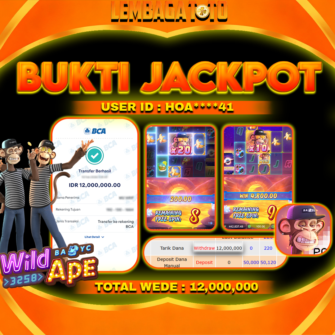 BUKTI JACKPOT 12  FERBUARY LEMBAGATOTO WILD APE  Rp 12,000,000 ,- LUNAS