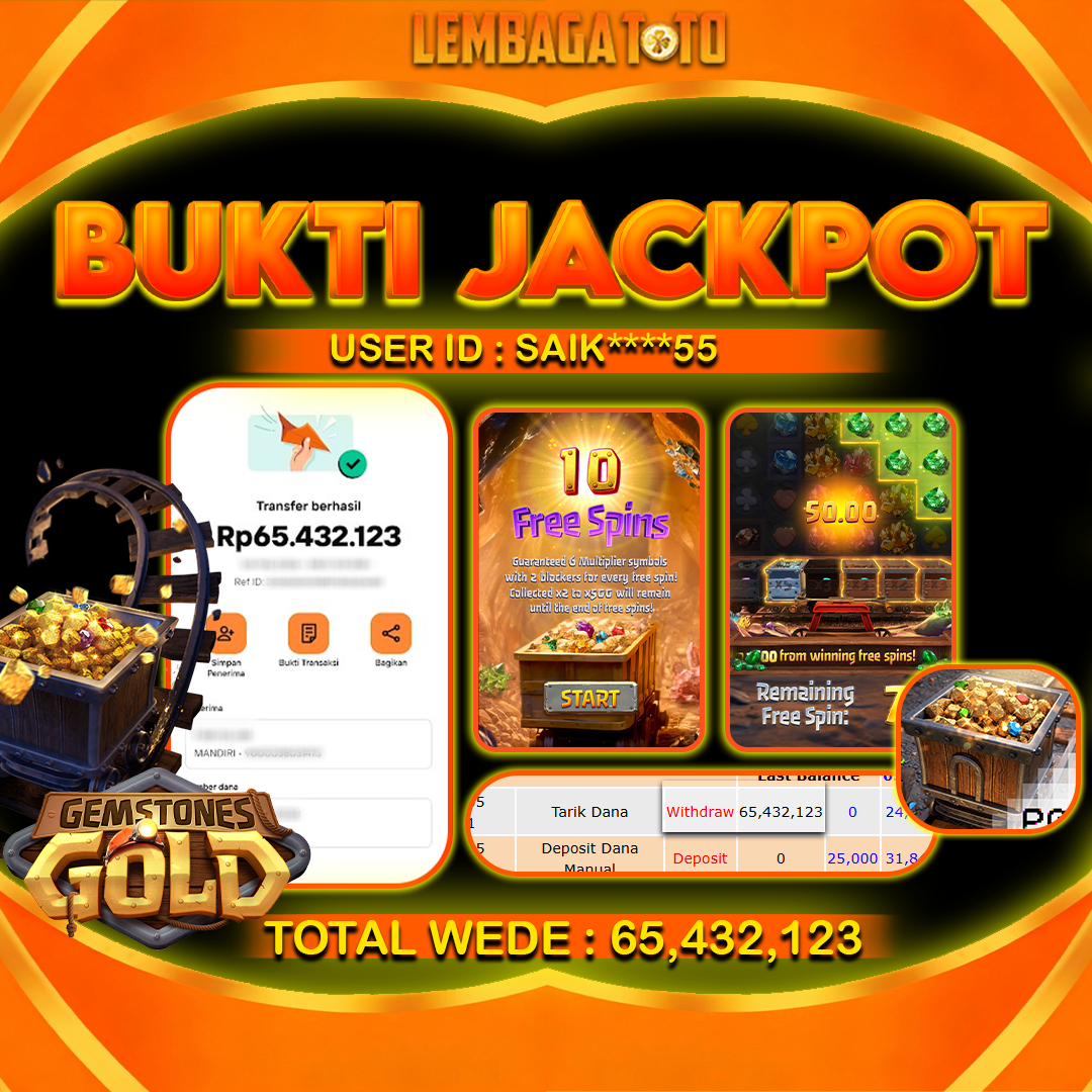 BUKTI JACKPOT 06 FERBUARY LEMBAGATOTO GEMSTONES GOLD Rp 65,432,123 ,- LUNAS