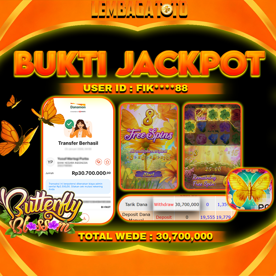BUKTI JACKPOT 02 MARET LEMBAGATOTO BUTTERFLY BLOSSOM Rp 30,700,000,- LUNAS