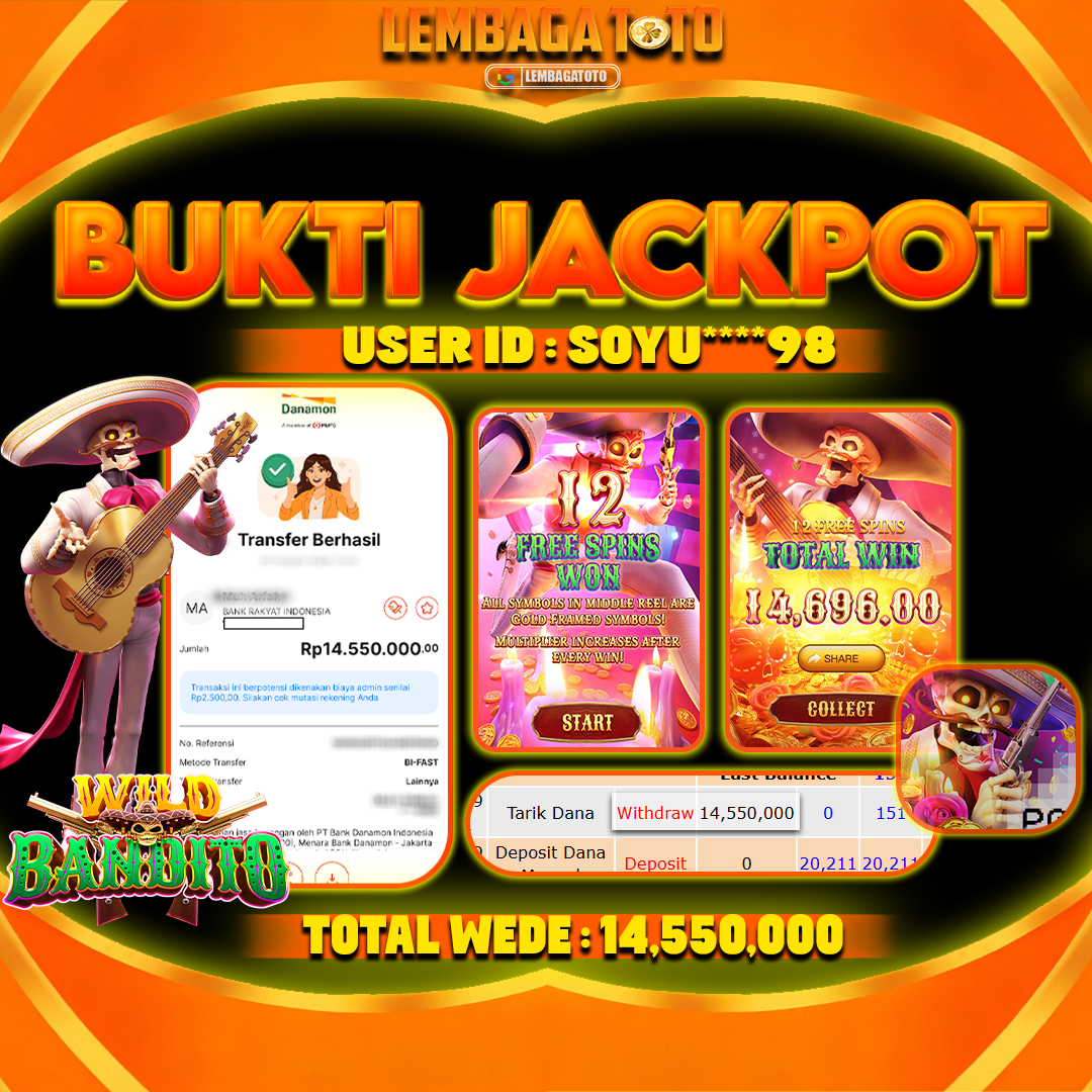 BUKTI JACKPOT 10  FERBUARY LEMBAGATOTO WILD BANDITO  Rp 14,550,000 ,- LUNAS