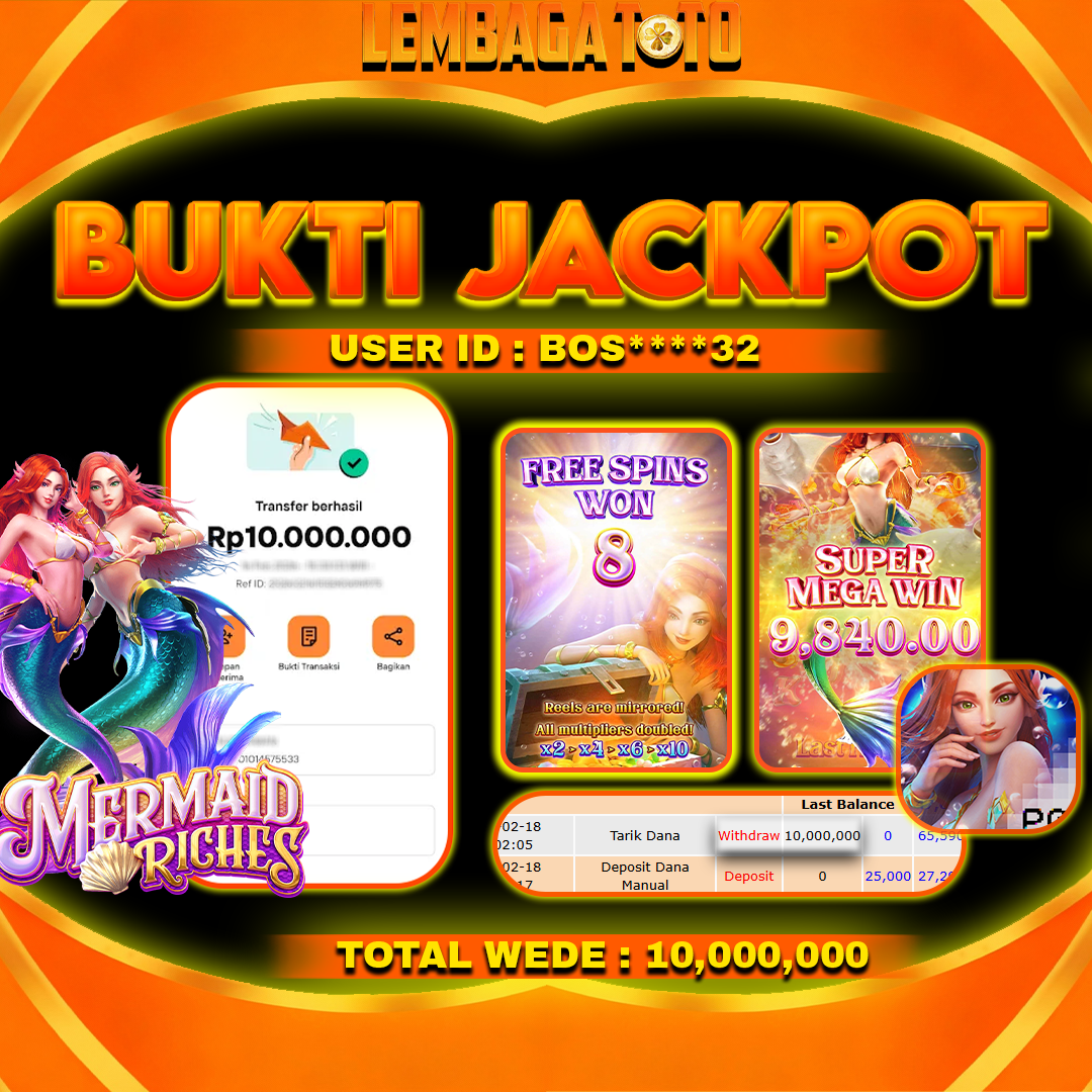 BUKTI JACKPOT 19 FERBUARY LEMBAGATOTO MERMAID RICHES  Rp 10,000,000 ,- LUNAS