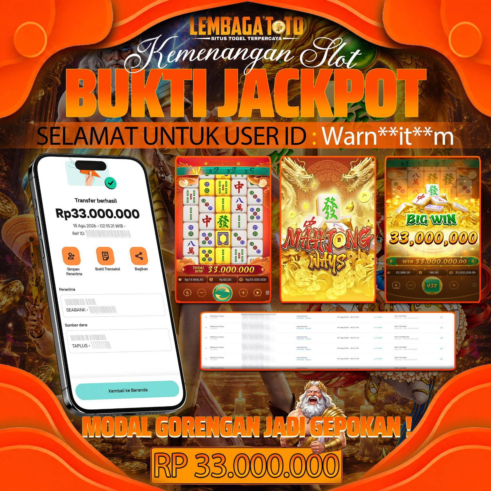 BUKTI JACKPOT 15 AUGUSTUS LEMBAGATOTO MAHJONG WAYS  33,000,000- LUNAS