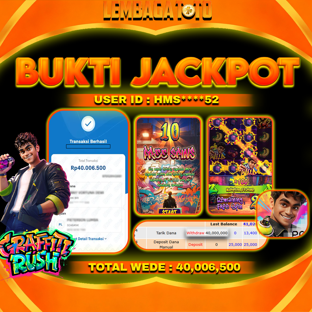 BUKTI JACKPOT 15  FERBUARY LEMBAGATOTO GRAFITI RUSH  Rp 40,006,500 ,- LUNAS