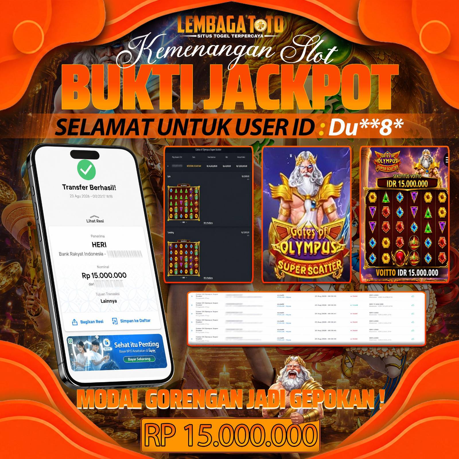 BUKTI JACKPOT 23 AUGUSTUS LEMBAGATOTO GATES OF OLYMPUS SUPER SCATTER 15,000,000 - LUNAS