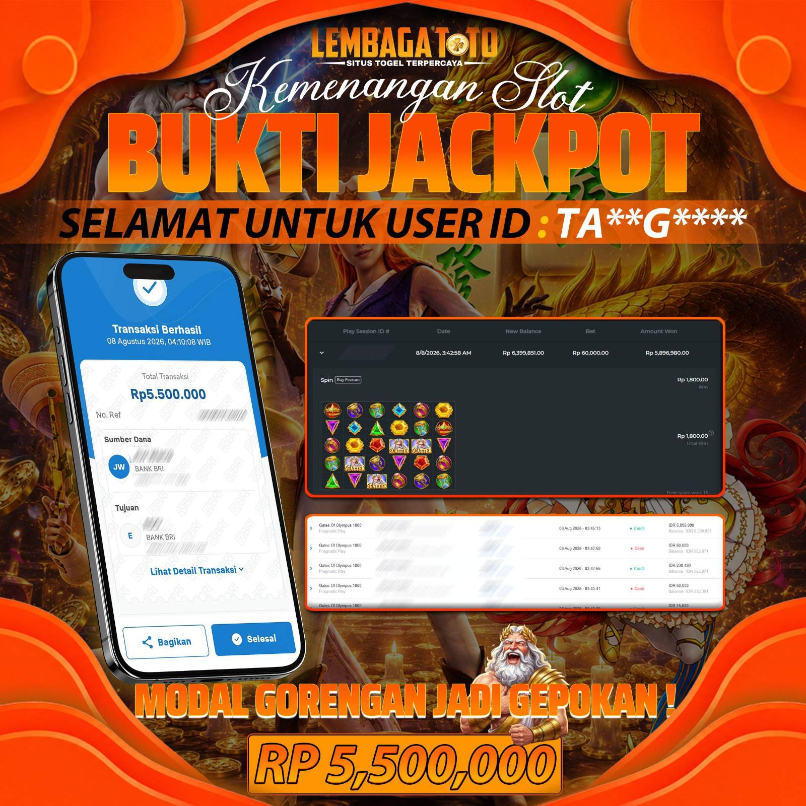 BUKTI JACKPOT 08 AUGUSTUS LEMBAGATOTO GATES OF OLYMPUS 1000 5,500,000- LUNAS