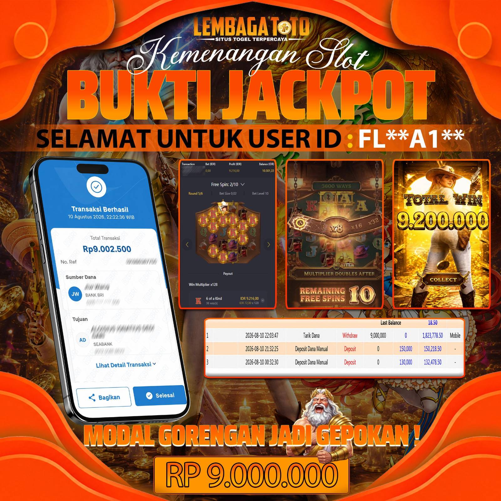 BUKTI JACKPOT 10 AUGUSTUS LEMBAGATOTO WILD BOUNTY SHOWDOWN 9,000,000- LUNAS