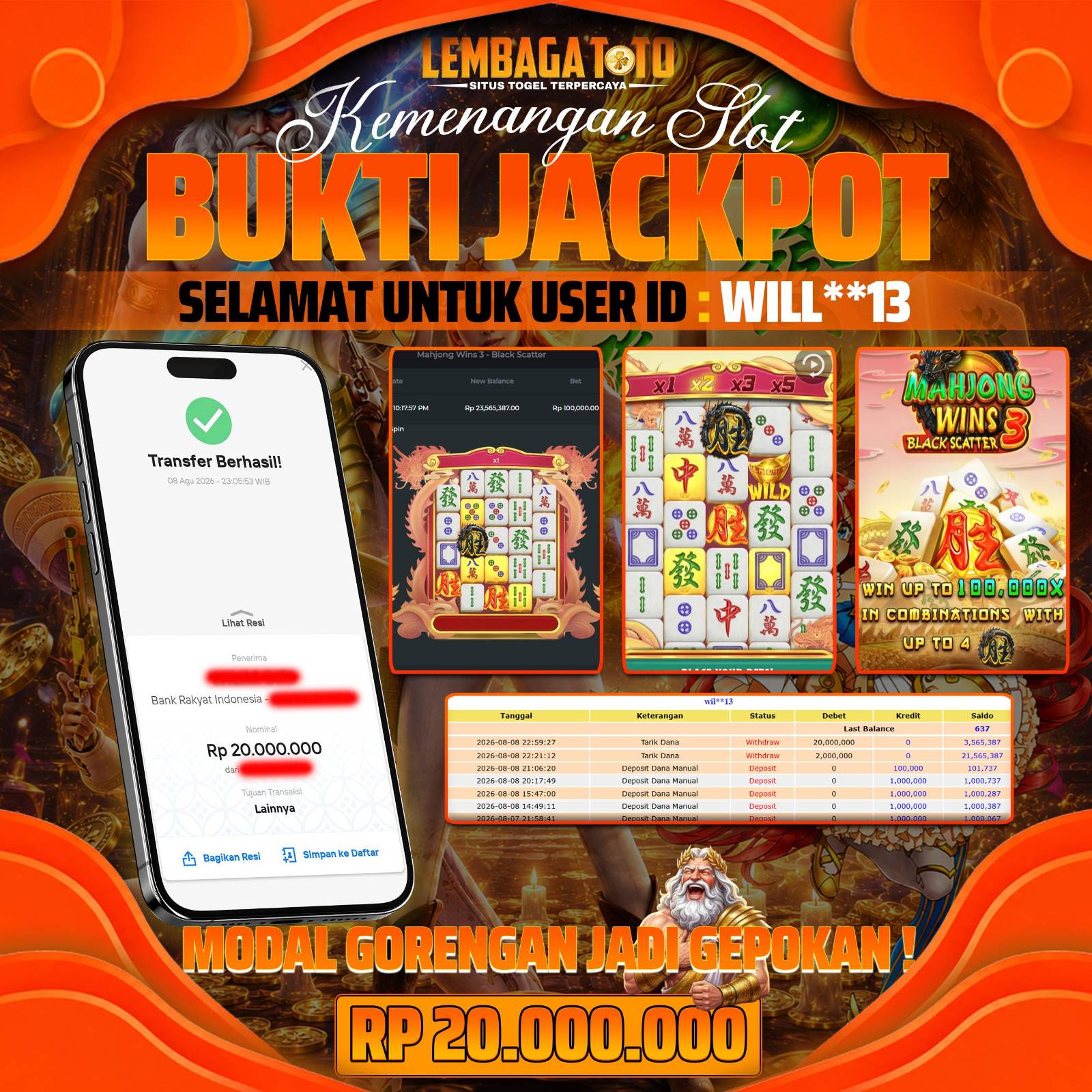 BUKTI JACKPOT 09 AUGUSTUS LEMBAGATOTO MAHJONG WINS 3 BLACK SCATTER 20,000,000 - LUNAS