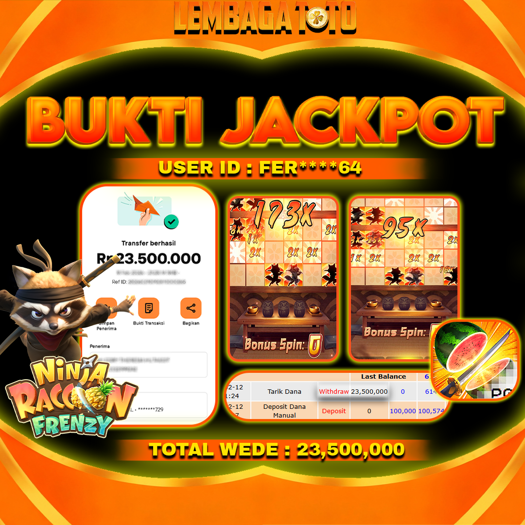 BUKTI JACKPOT 13  FERBUARY LEMBAGATOTO NINJA RACCON FRENZY Rp 23,500,000 ,- LUNAS