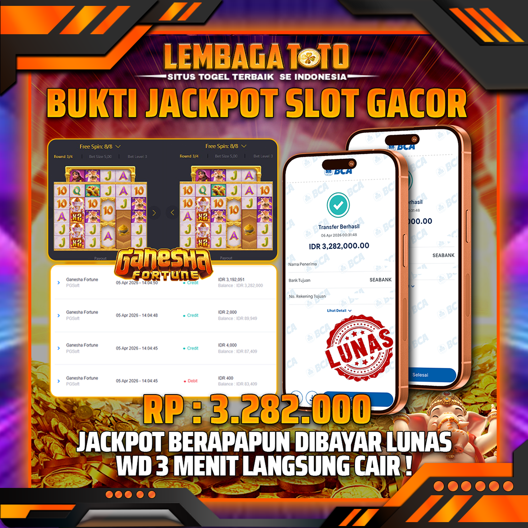 BUKTI JACKPOT 06 APRIL LEMBAGATOTO GANESHA GOLD 3,282,000 - LUNAS