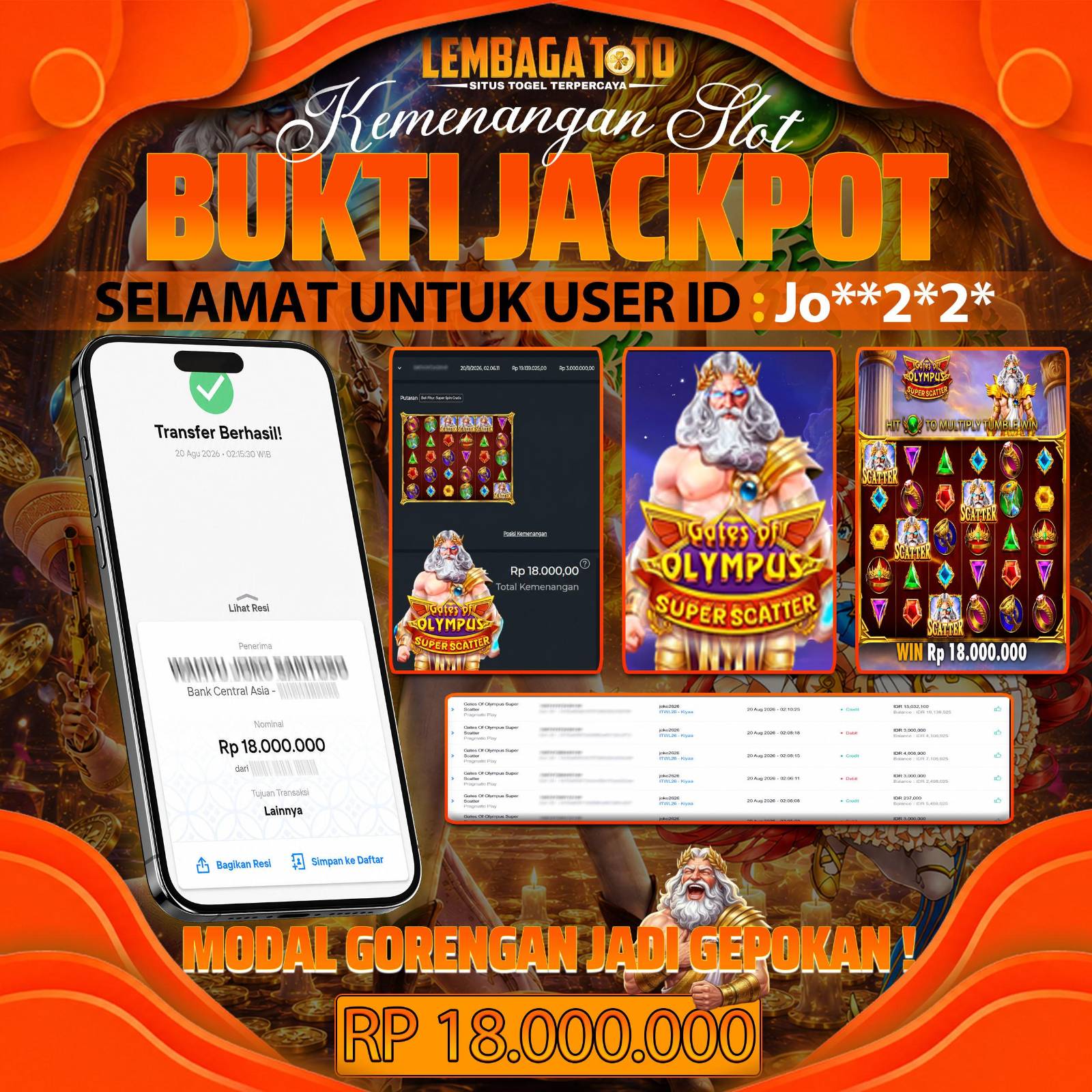 BUKTI JACKPOT 20 AUGUSTUS LEMBAGATOTO GATES OF OLYMPUS SUPER SCATTER 18,000,000 - LUNAS