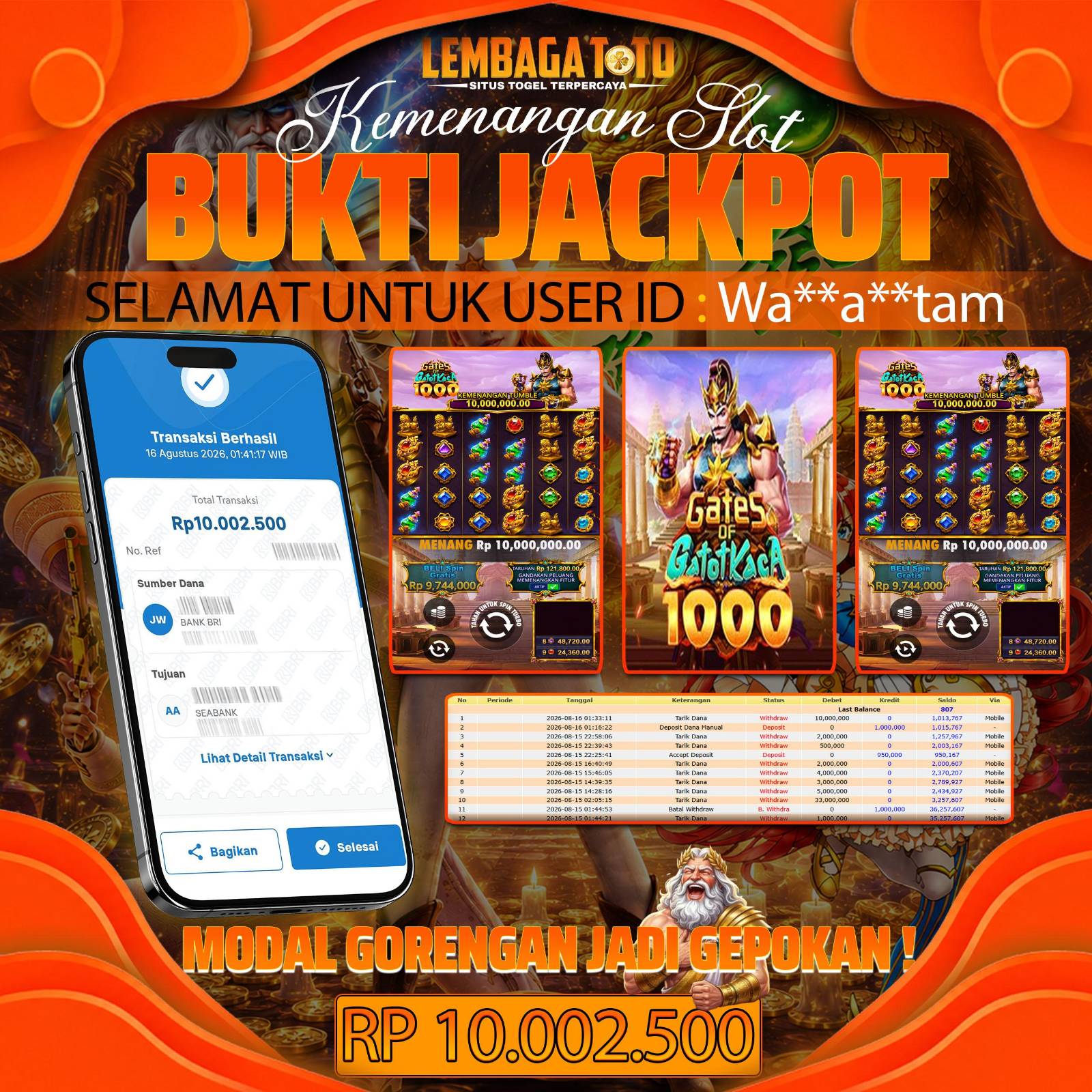 BUKTI JACKPOT 16 AUGUSTUS LEMBAGATOTO GATES OF GATOT KACA 1000 10,002,500 - LUNAS