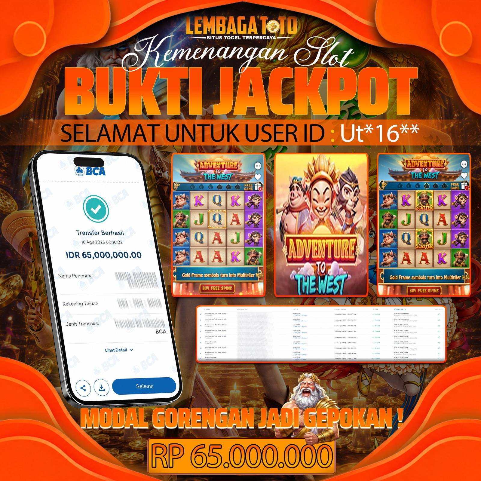 BUKTI JACKPOT 16 AUGUSTUS LEMBAGATOTO ADVENTURE TO THE WEST 65,000,000- LUNAS
