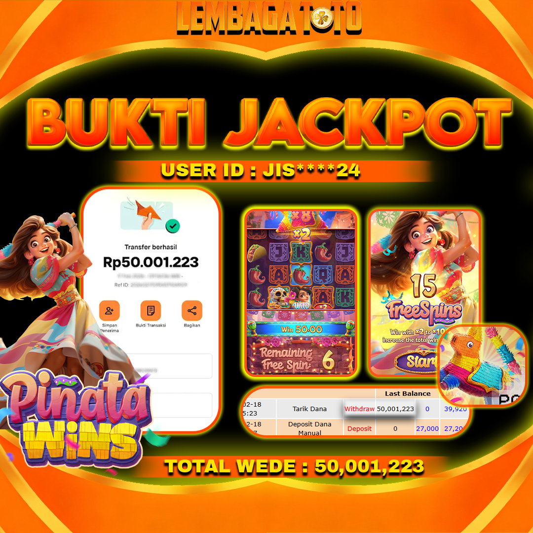 BUKTI JACKPOT 19 FERBUARY LEMBAGATOTO PINATA WINS Rp 50,001,223 ,- LUNAS