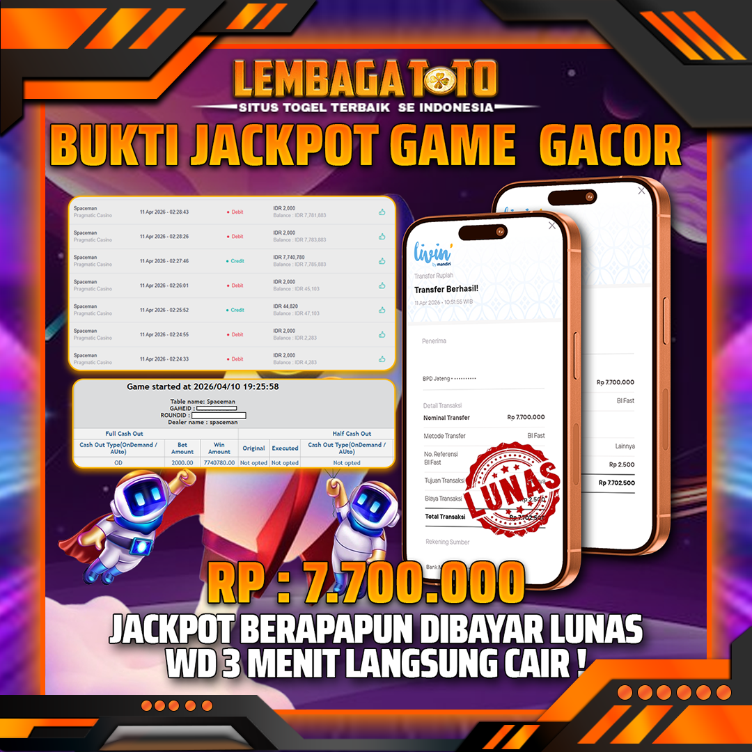 BUKTI JACKPOT 12 APRIL LEMBAGATOTO SPACEMAN  7,700,000- LUNAS