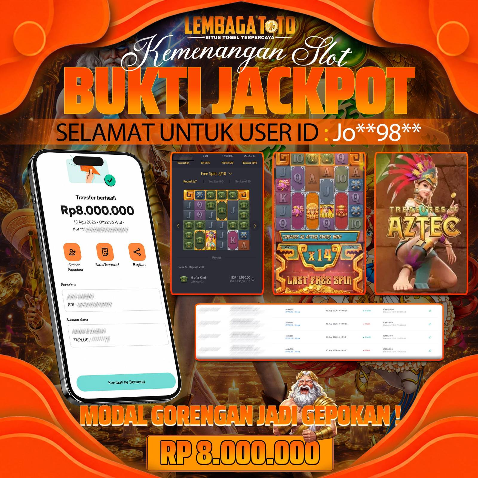 BUKTI JACKPOT 13 AUGUSTUS LEMBAGATOTO TREASURES AZTEC  8,000,000- LUNAS