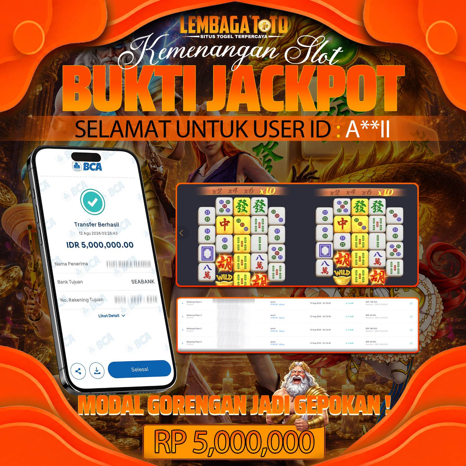 BUKTI JACKPOT 12 AUGUSTUS LEMBAGATOTO MAHJONG WAYS  5,000,000- LUNAS