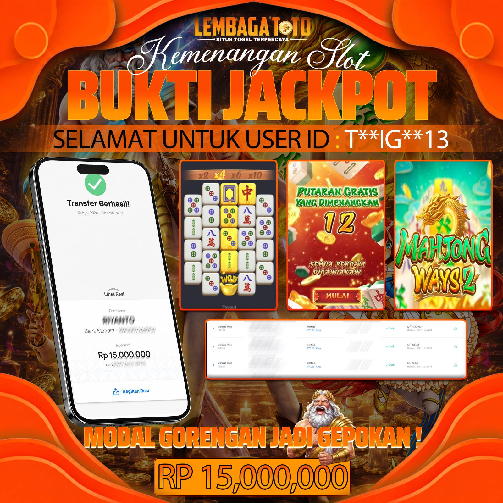 BUKTI JACKPOT 12 AUGUSTUS LEMBAGATOTO MAHJONG WAYS 15,000,000- LUNAS