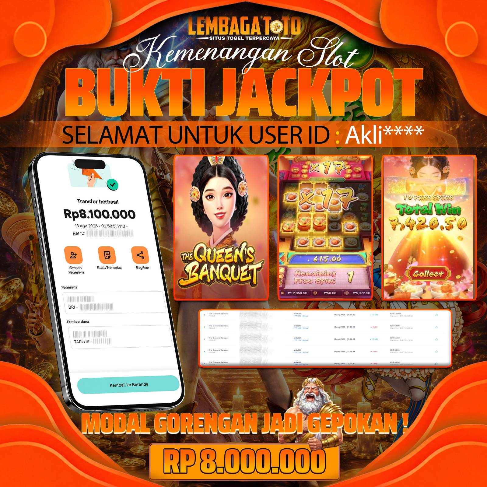 BUKTI JACKPOT 13 AUGUSTUS LEMBAGATOTO THE QUEEN S BANQUET  8,100,000 - LUNAS
