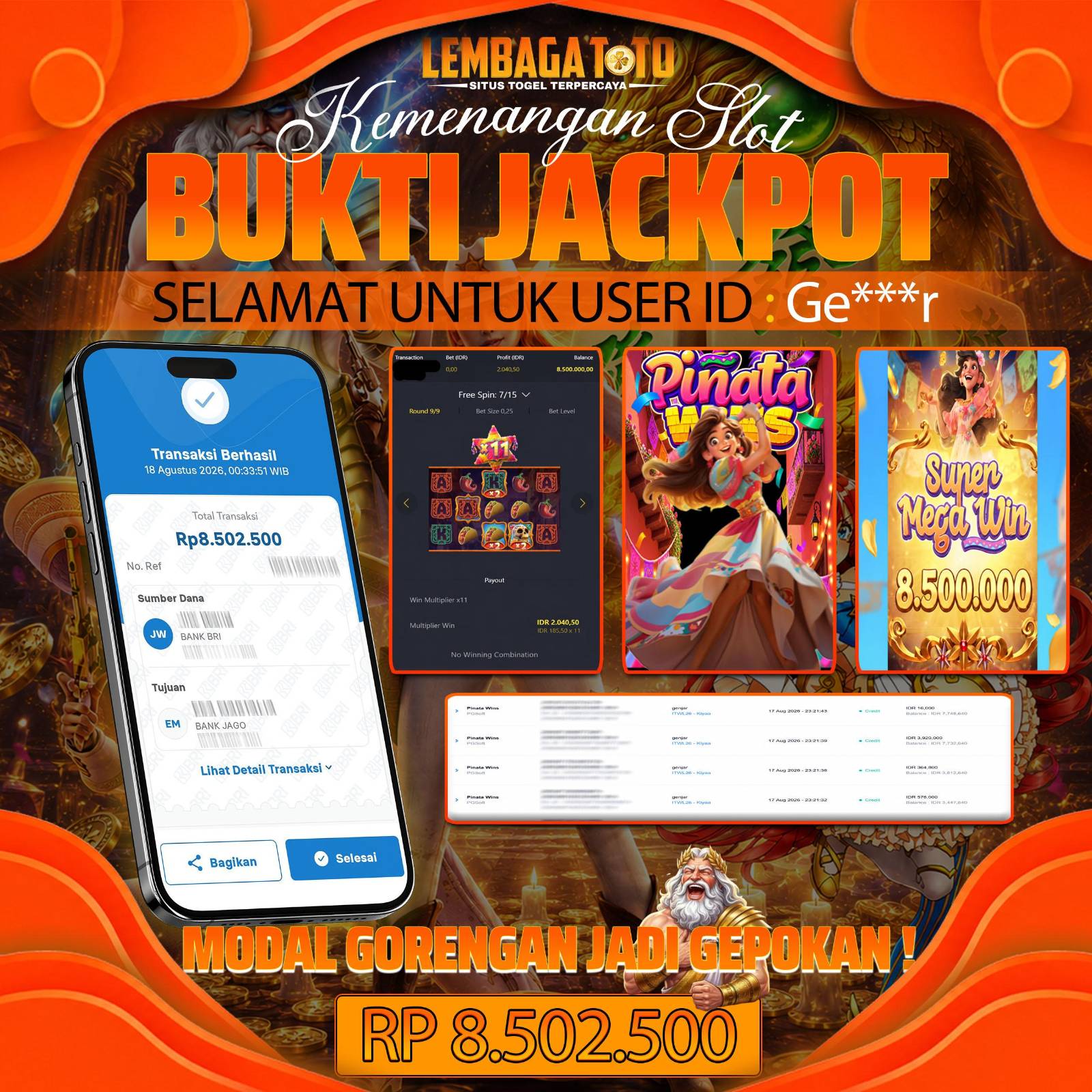 BUKTI JACKPOT 18 AUGUSTUS LEMBAGATOTO PINATA WINS 8,502,500- LUNAS
