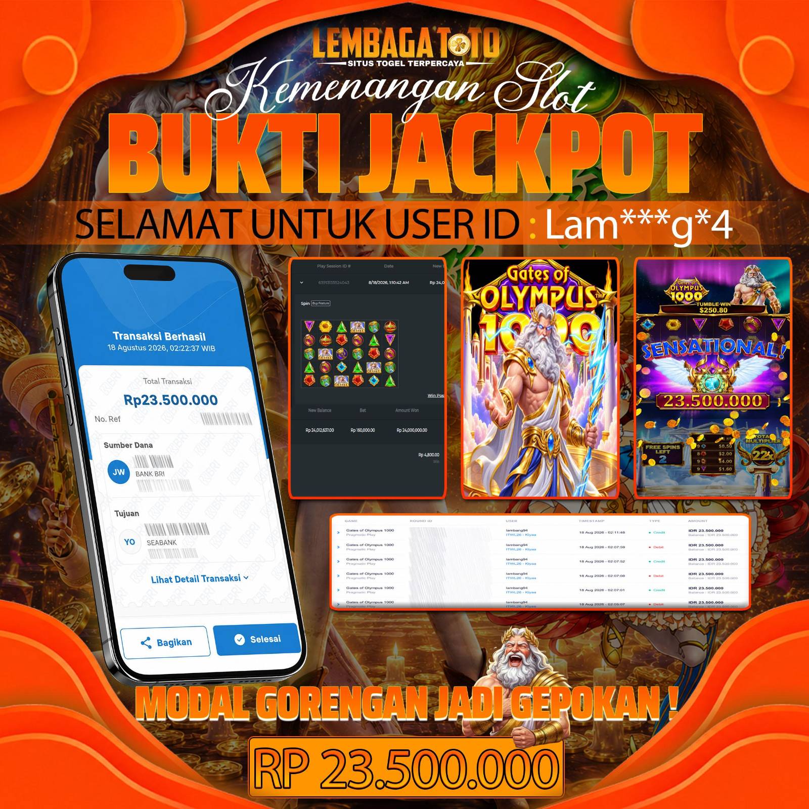 BUKTI JACKPOT 18 AUGUSTUS LEMBAGATOTO GATES OF OLYMPUS 1000  23,500,000- LUNAS