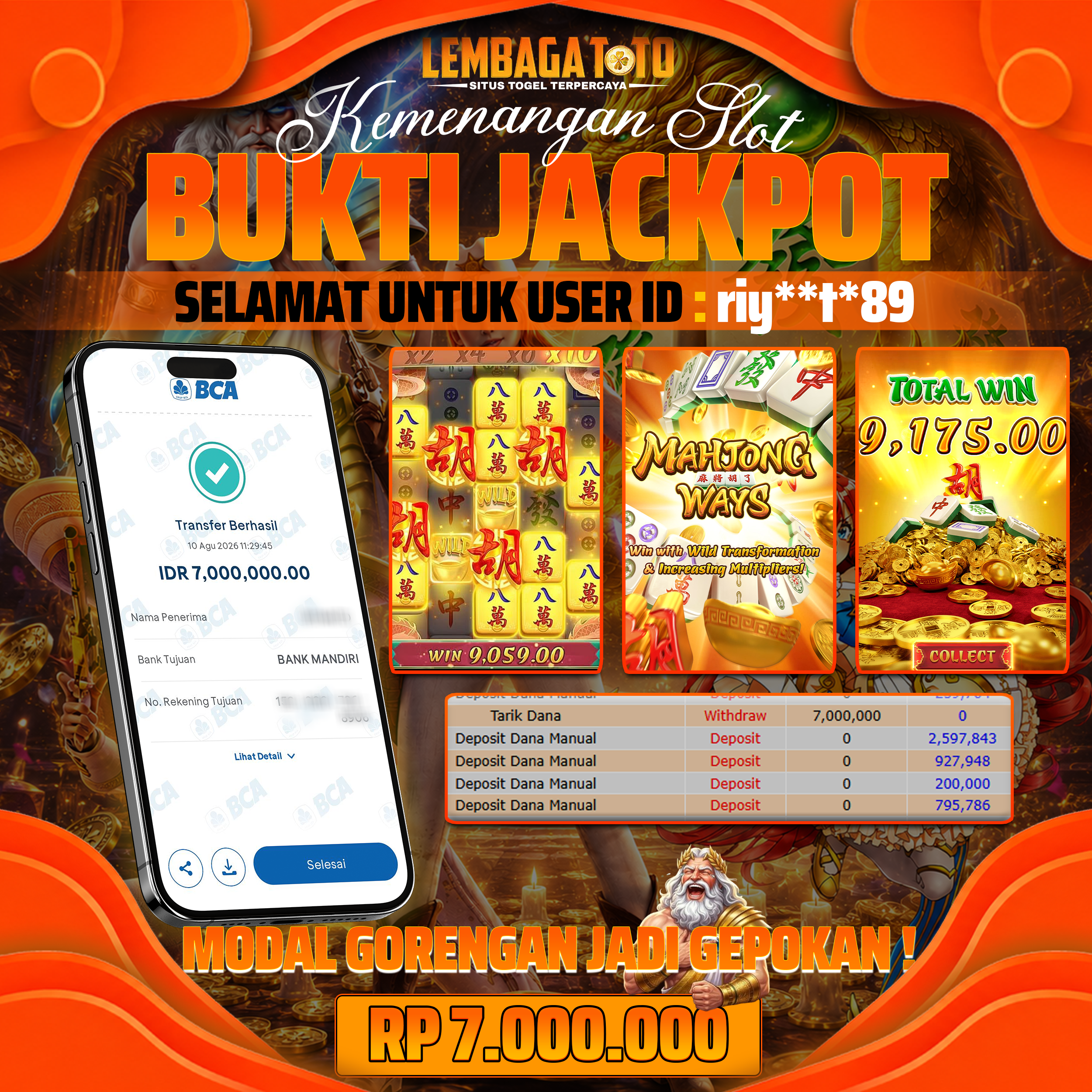 BUKTI JACKPOT 11 AUGUSTUS LEMBAGATOTO MAHJONG WAYS  7,000,000 - LUNAS
