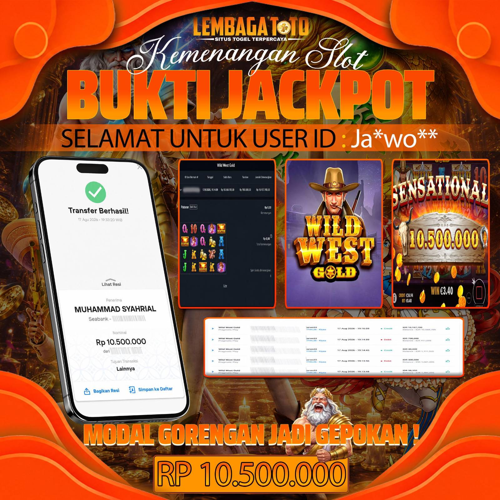 BUKTI JACKPOT 17 AUGUSTUS LEMBAGATOTO WILD WEST GOLD 10,500,000- LUNAS