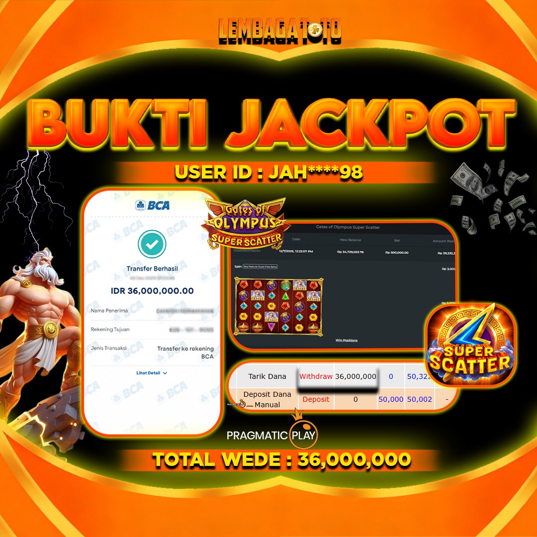 BUKTI JACKPOT 07 MARET LEMBAGATOTO GATES OF OLYMPUS SUPER SCATTER Rp 36,000,000,- LUNAS