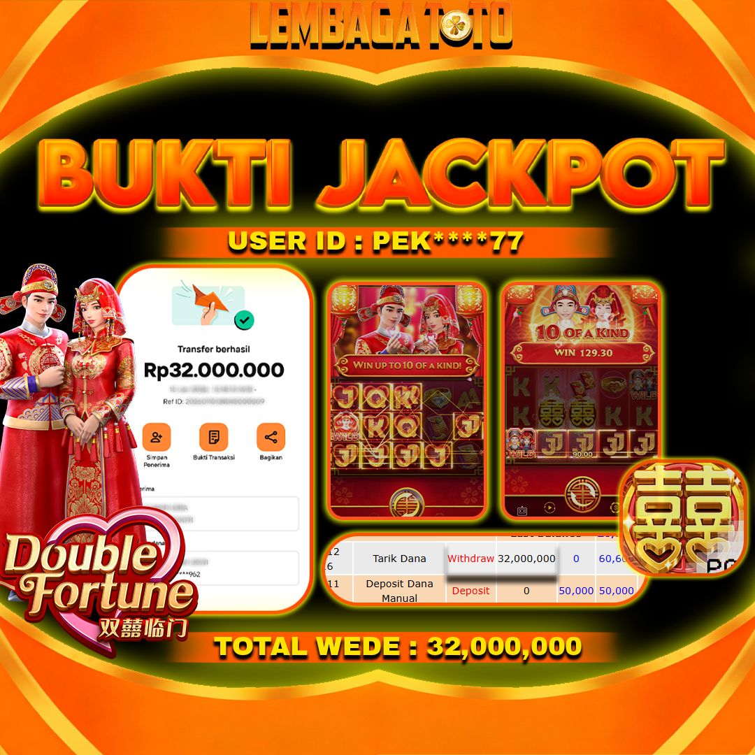 BUKTI JACKPOT 08 MARET LEMBAGATOTO DOUBLE FORTUNE Rp 32,000,000,- LUNAS