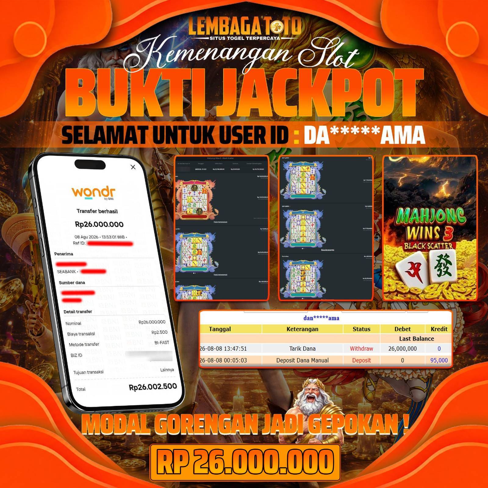 BUKTI JACKPOT 09 AUGUSTUS LEMBAGATOTO MAHJONG WINS 3 BLACK SCATTER 26,000,000- LUNAS