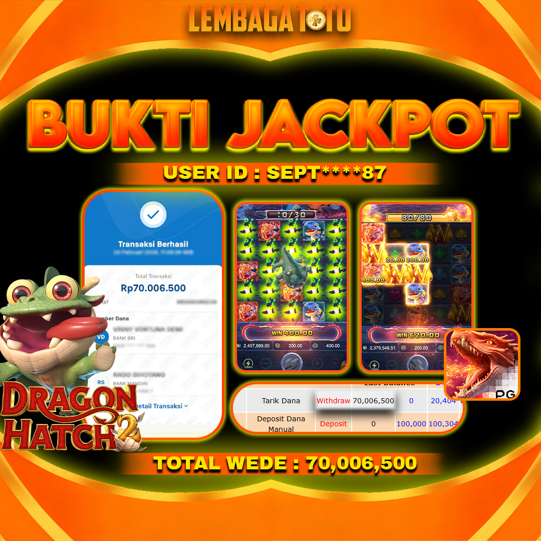 BUKTI JACKPOT 27 FERBUARY LEMBAGATOTO DRAGON HATCH Rp 70,006,500,- LUNAS