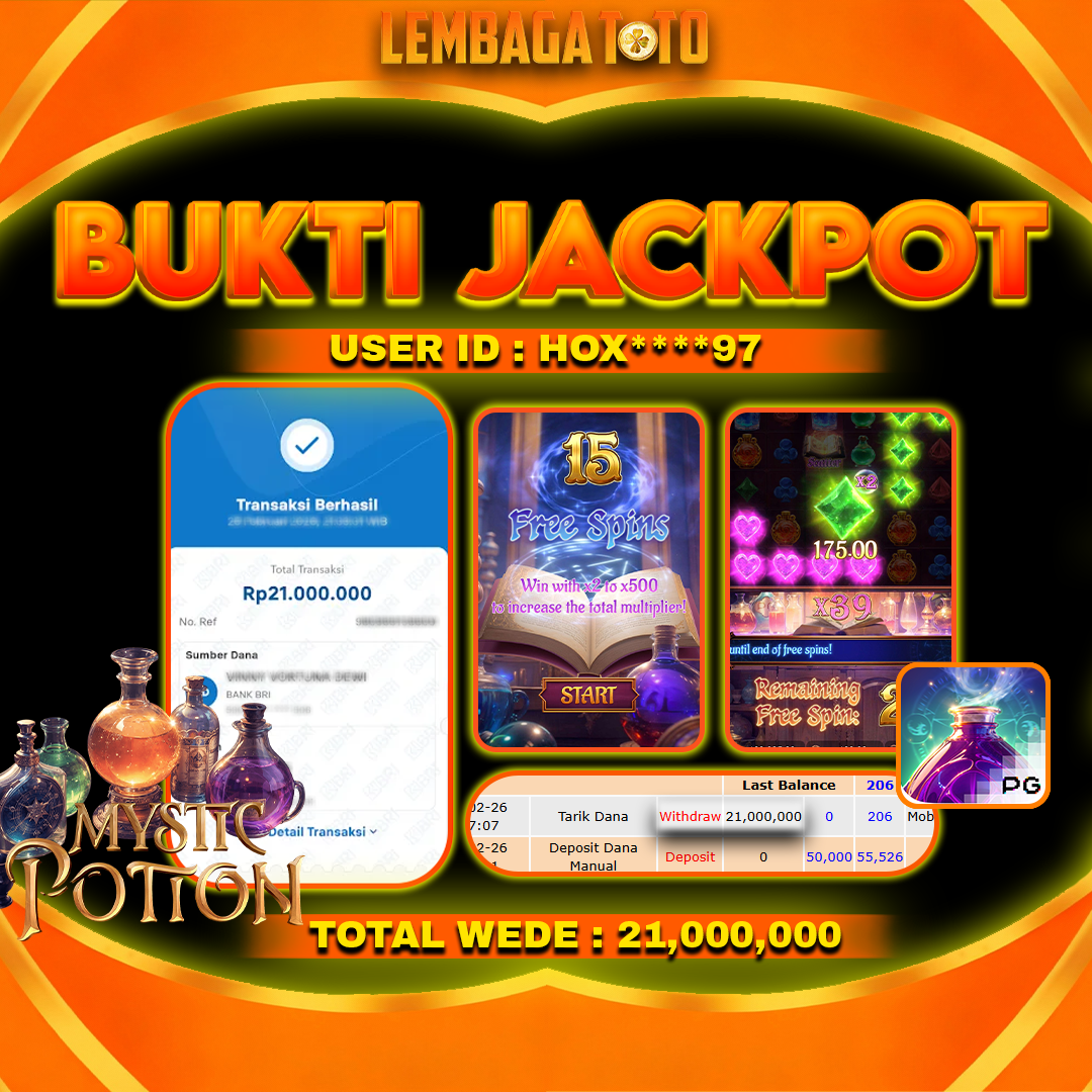 BUKTI JACKPOT 28 FERBUARY LEMBAGATOTO MYSTIC POTION Rp 21,000,000,- LUNAS