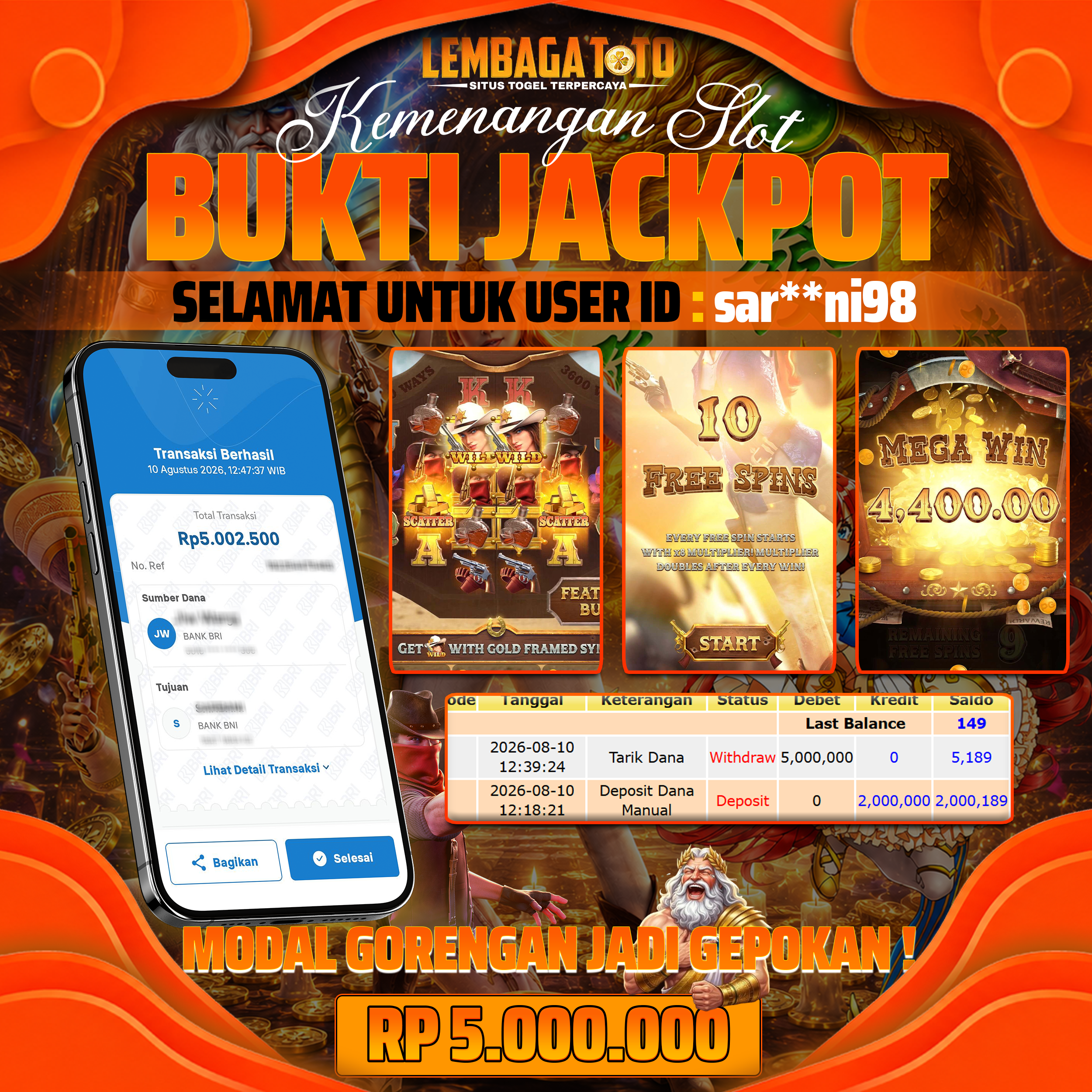 BUKTI JACKPOT 11 AUGUSTUS LEMBAGATOTO WILD BOUNTY SHOWDOWN 5,000,000- LUNAS