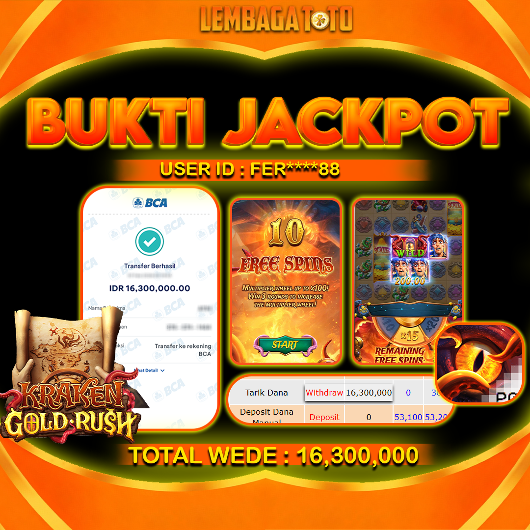 BUKTI JACKPOT 09 FERBUARY LEMBAGATOTO KRAKEN GOLD   Rp 16,300,000,- LUNAS