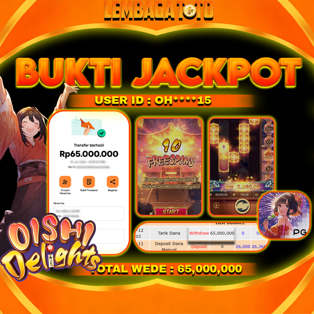 BUKTI JACKPOT 08 MARET LEMBAGATOTO OISHI DELIGHT Rp 65,000,000,- LUNAS