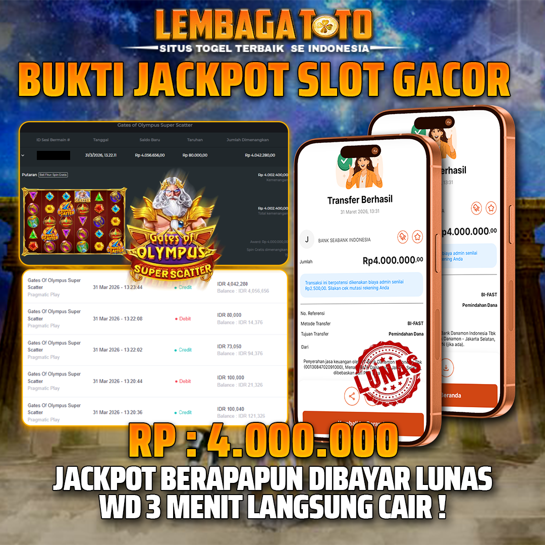 BUKTI JACKPOT 01 APRIL LEMBAGATOTO GATES OF OLYMPUS SUPER SCATTER 4,000,000 - LUNAS