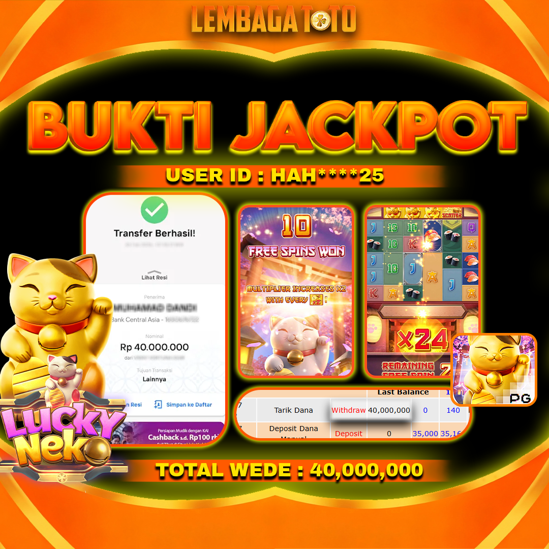 BUKTI JACKPOT 28 FERBUARY LEMBAGATOTO LUCKY NEKO Rp 40,000,000,- LUNAS