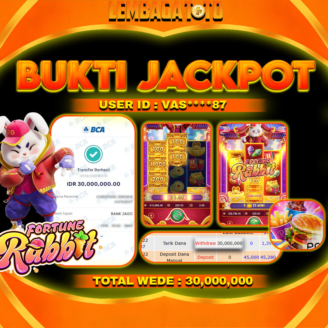 BUKTI JACKPOT 23 FERBUARY LEMBAGATOTO FORTUNE RABBIT  Rp 30,000,000 ,- LUNAS