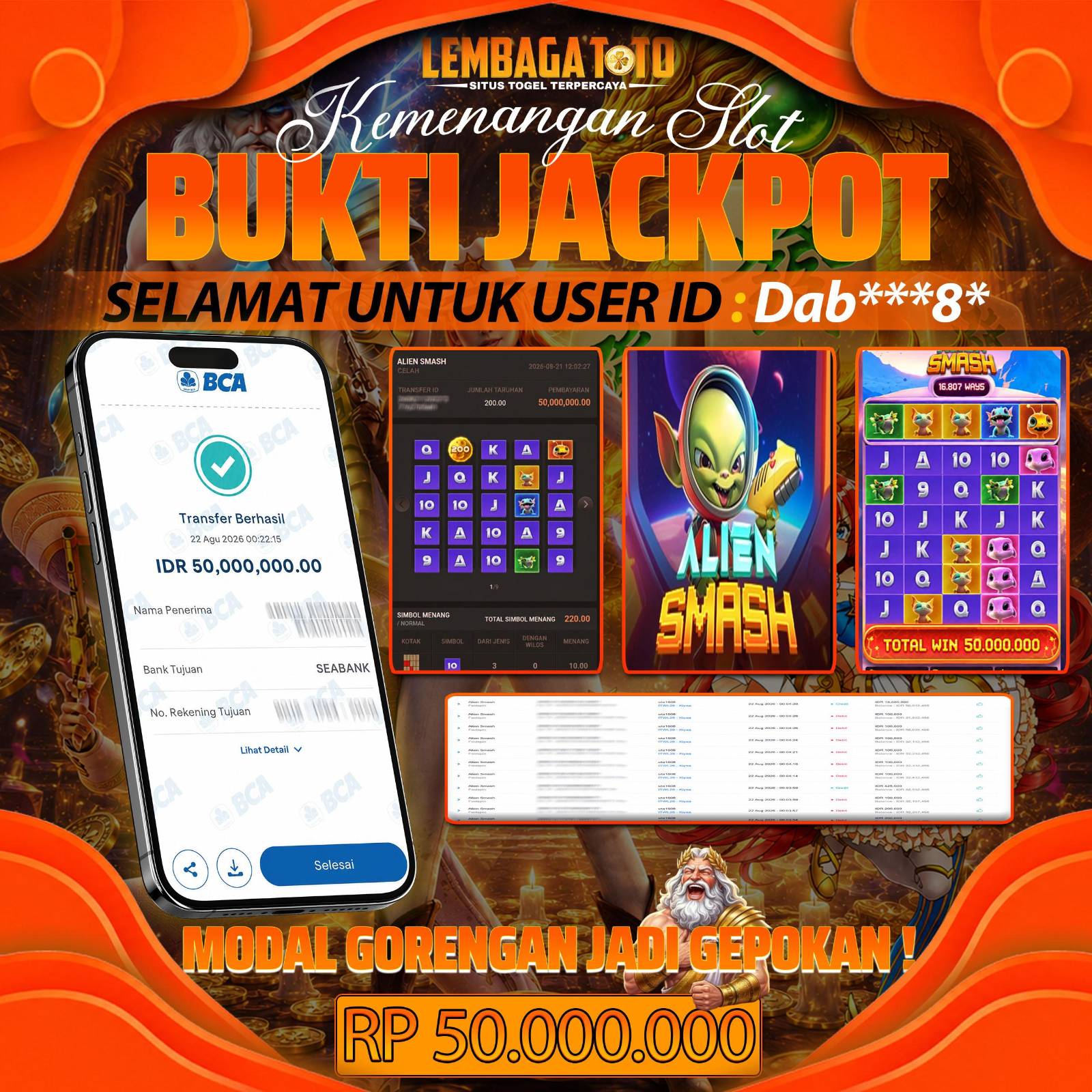 BUKTI JACKPOT 22 AUGUSTUS LEMBAGATOTO ALIEN SMASH  50,000,000 - LUNAS