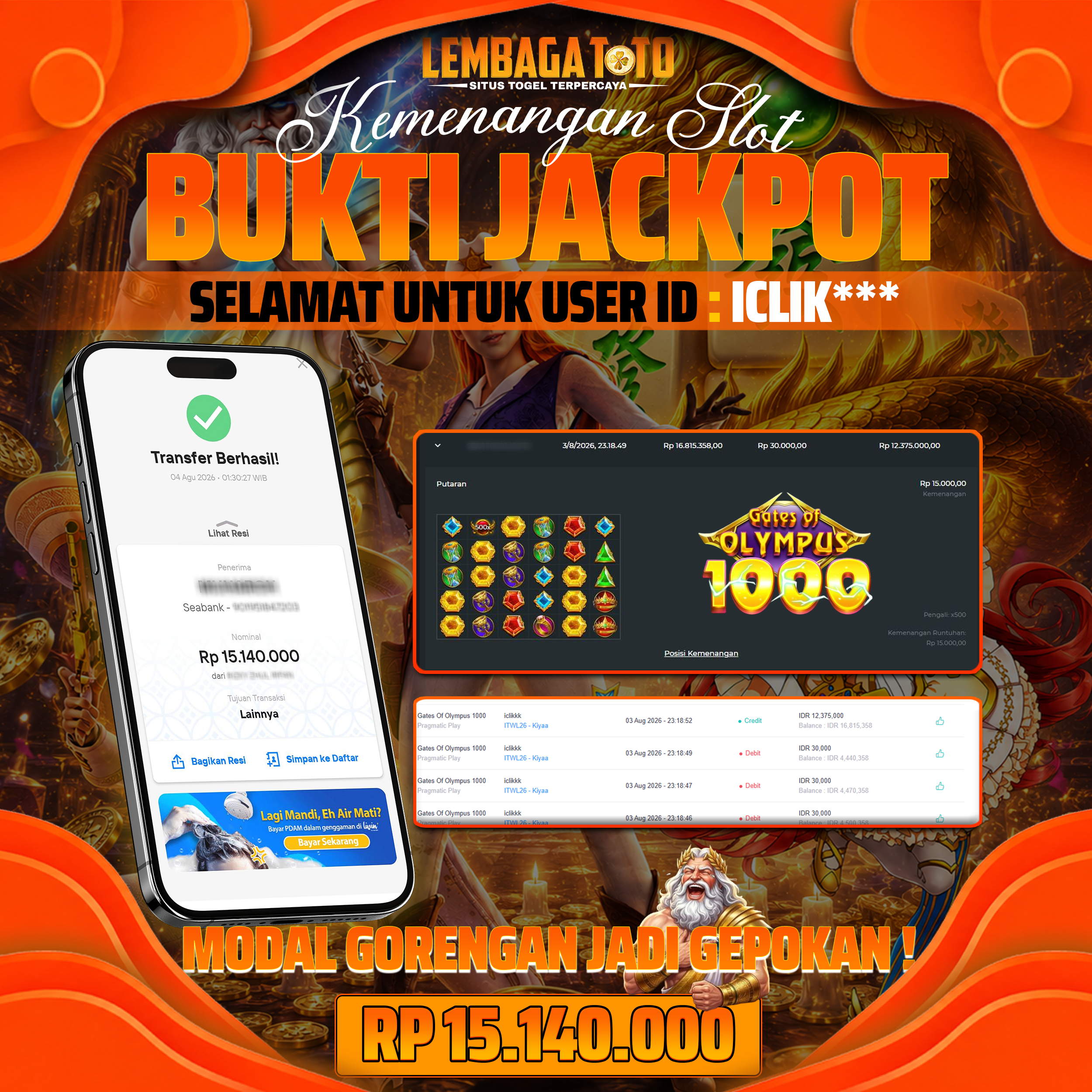 BUKTI JACKPOT 04 AGUSTUS LEMBAGATOTO GATES OF OLYMPUS 1000 15,140,000- LUNAS