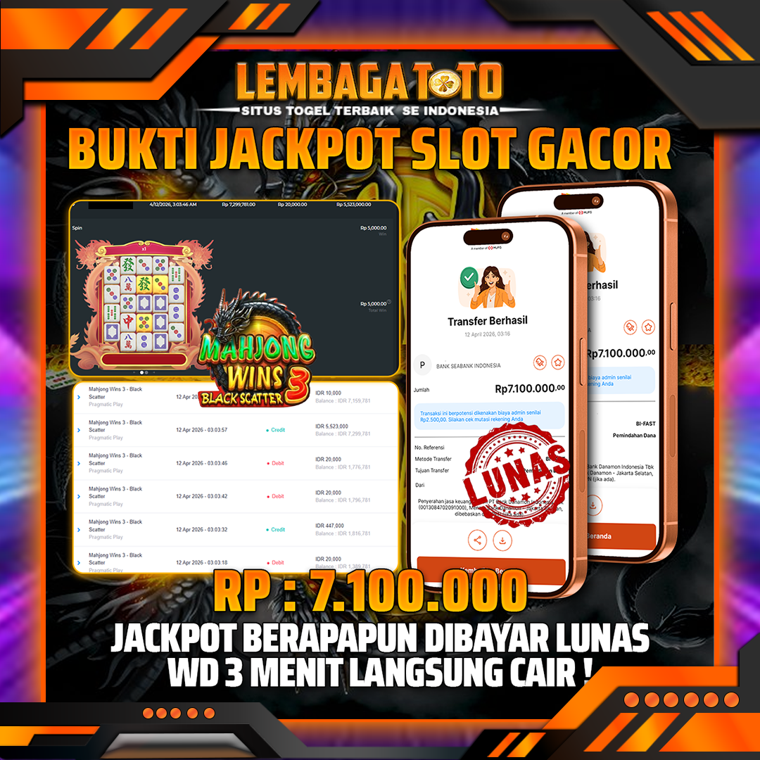 BUKTI JACKPOT 13 APRIL LEMBAGATOTO MAHJONG WINS 3 BLACK SCATTER 7,100,000- LUNAS