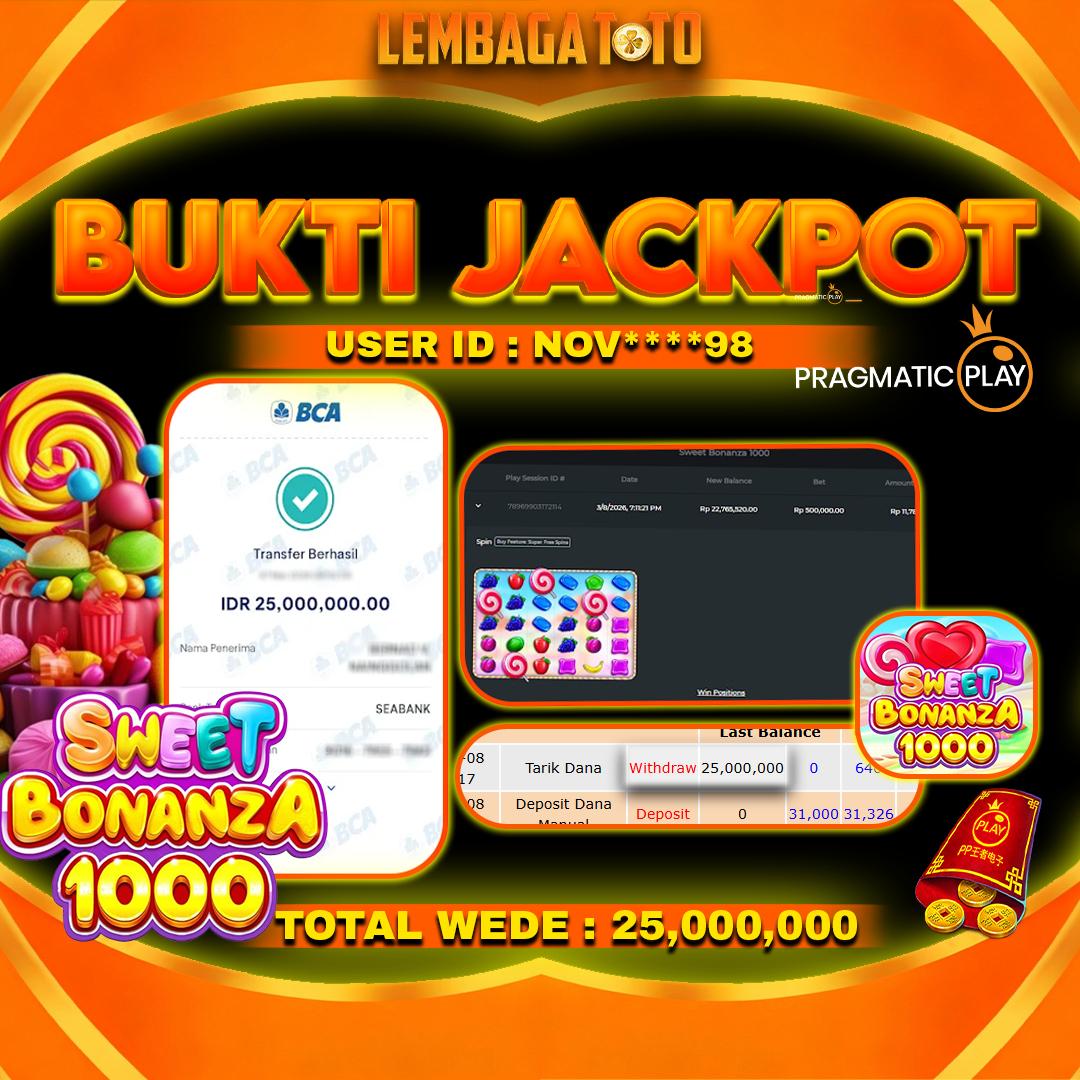 BUKTI JACKPOT 09 MARET LEMBAGATOTO SWEET BONANZA 1000 Rp 25,000,000,- LUNAS