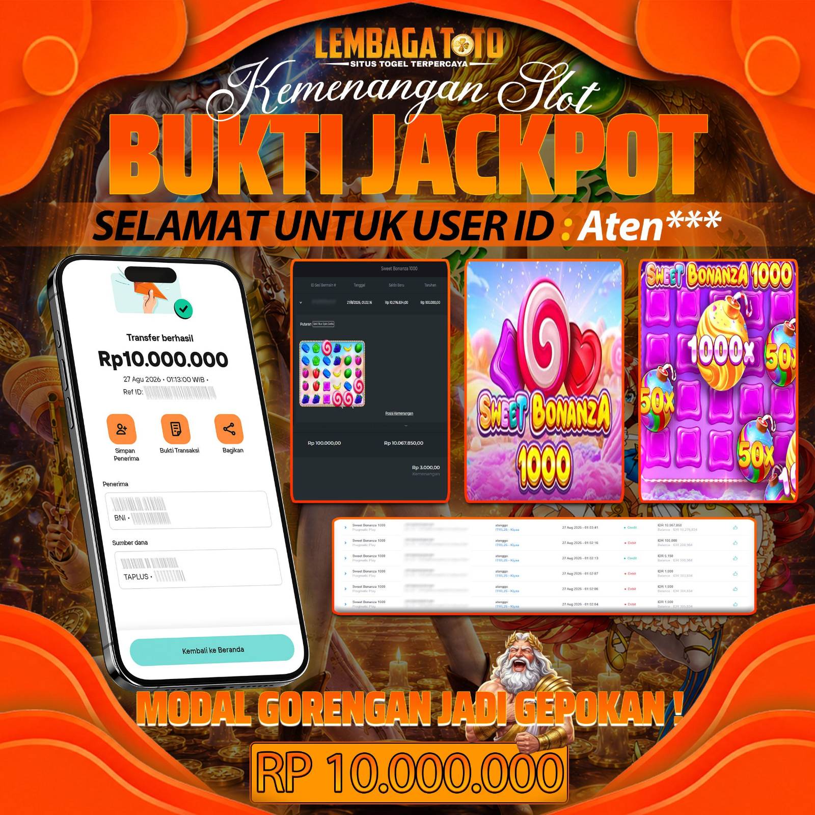 BUKTI JACKPOT 27 AUGUSTUS SWEET BONANZA 1000 10,000,000 - LUNAS