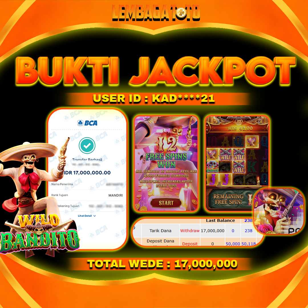 BUKTI JACKPOT 09 MARET LEMBAGATOTO WILD BANDITO Rp 17,000,000,- LUNAS