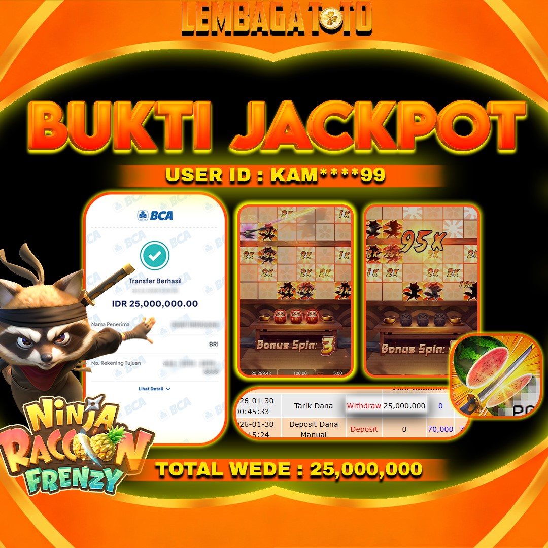 BUKTI JACKPOT 30 JANUARI LEMBAGATOTO NINJA RACCON FRENZY Rp 25,000,000,- LUNAS