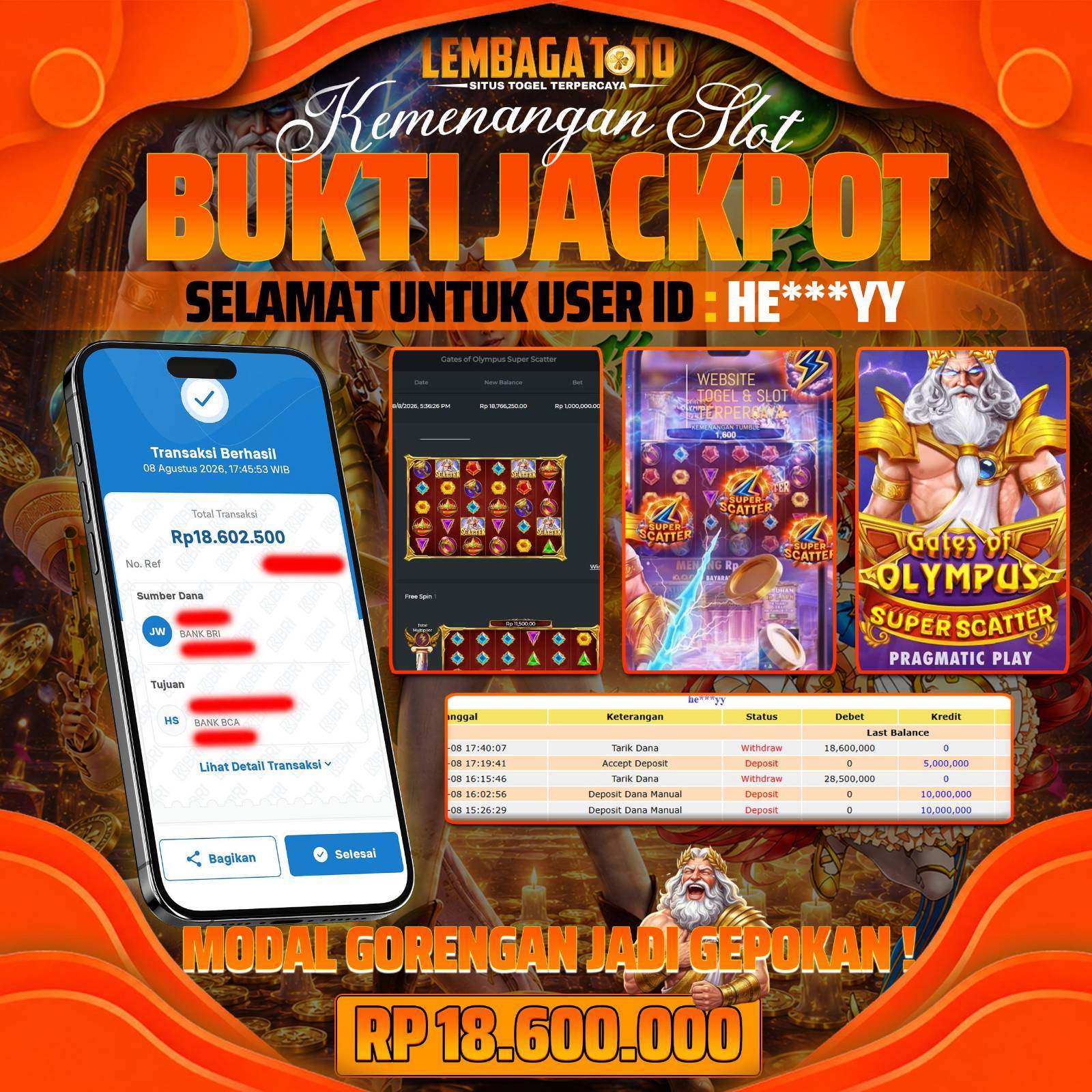 BUKTI JACKPOT 09 AUGUSTUS LEMBAGATOTO GATES OF OLYMPUS SUPER SCATTER 18,600,000 - LUNAS