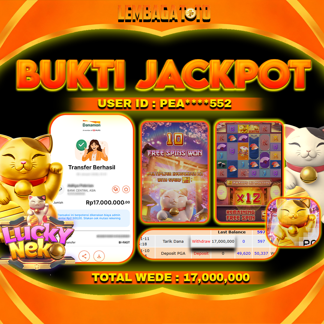 BUKTI JACKPOT 11 JANUARI LEMBAGATOTO LUCKY NEKO Rp17,000,000,- LUNAS