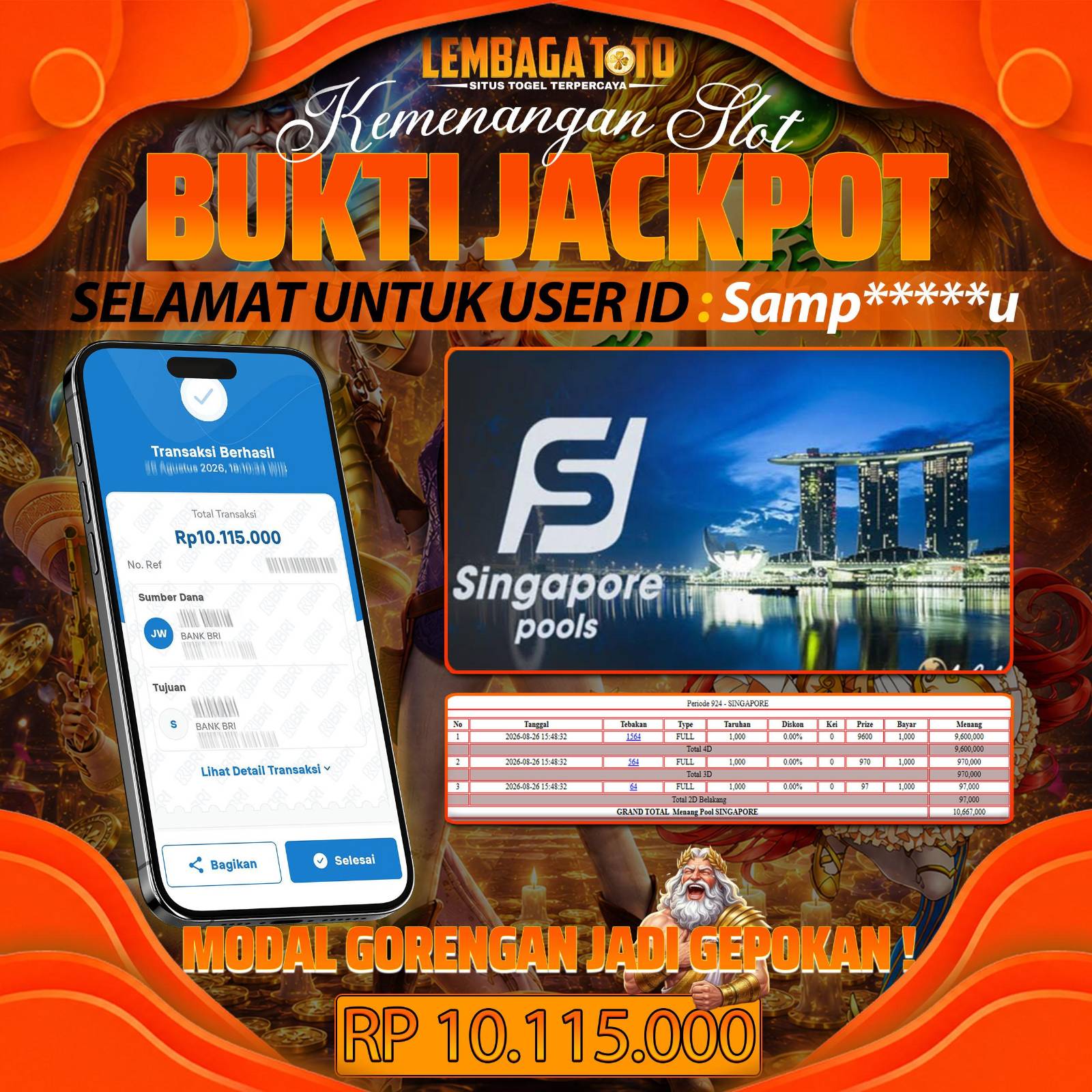 BUKTI JACKPOT 27 AUGUSTUS TOGEL SINGAPORE 10,115,000- LUNAS