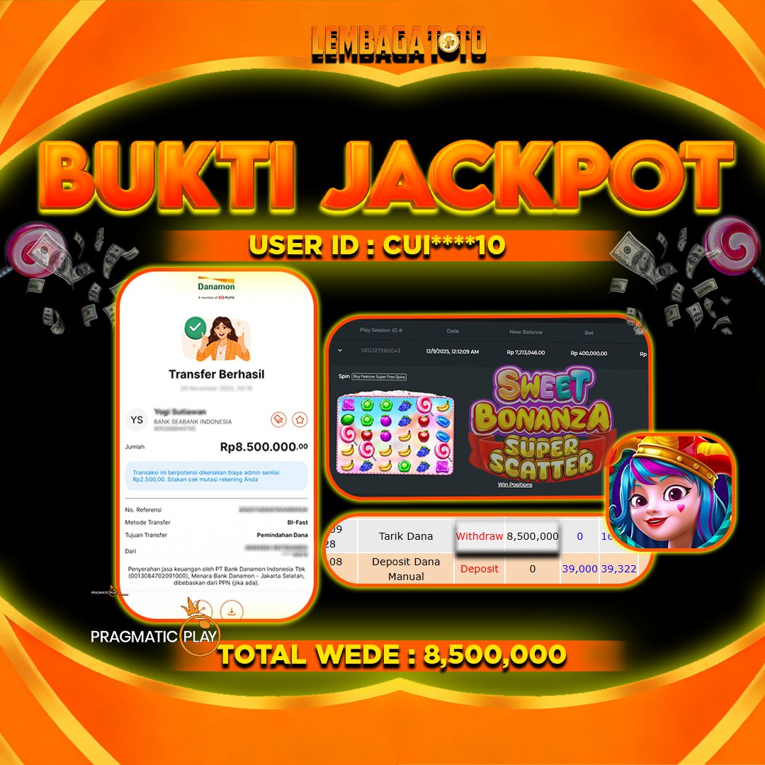 BUKTI JACKPOT 21 JANUARI LEMBAGATOTO SWEET BONANZA 8,500,000 - LUNAS